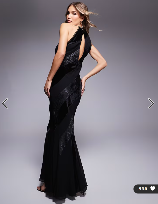 ASOS DESIGN racer neck velvet panelled maxi dress with godets in black