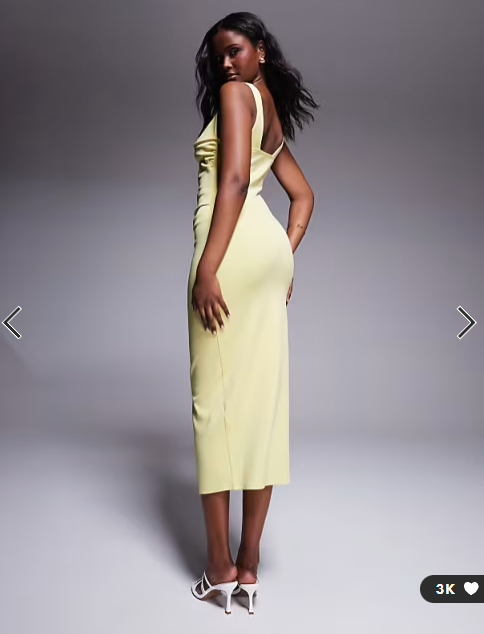 ASOS DESIGN curved neckline midi dress with split in lemon in scuba-style fabric