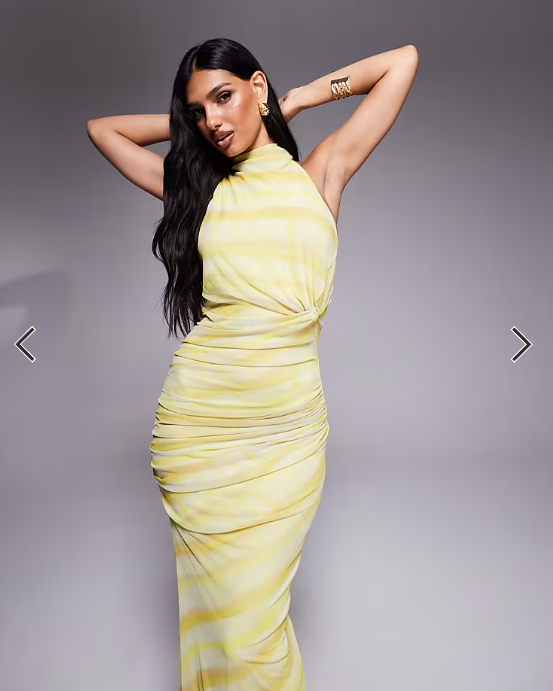 ASOS DESIGN mesh twist bust detail halter maxi dress with tie back neck in blurred stripe print
