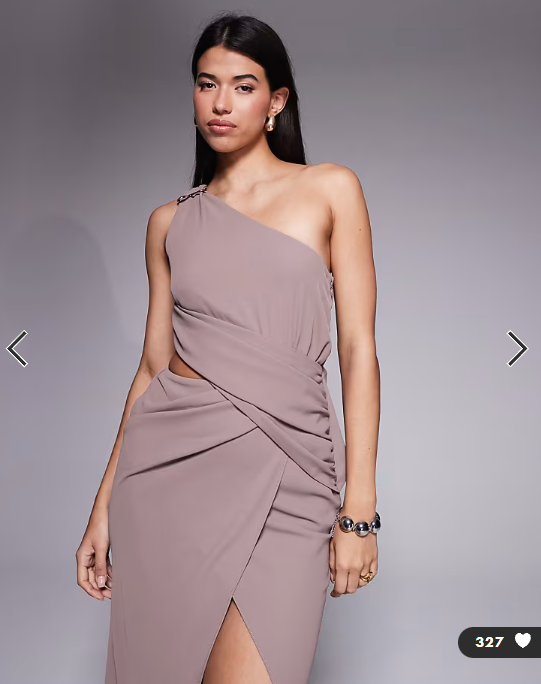 ASOS DESIGN asymmetric one shoulder crepe maxi dress with gold trim detail in mocha