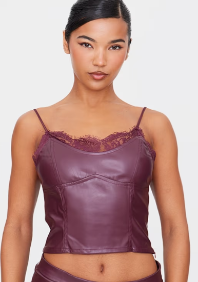 Plt - Burgundy Matte Faux Leather Lace Trim Cami Top