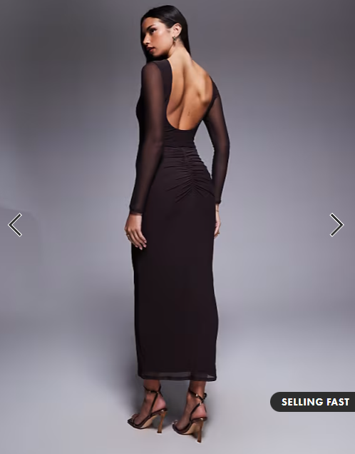ASOS DESIGN mesh long sleeve slash neck open back maxi dress with sash in chocolate