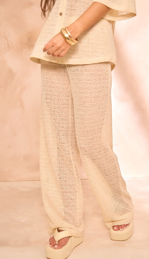 Plt - Beige Textured Wide Leg Trousers