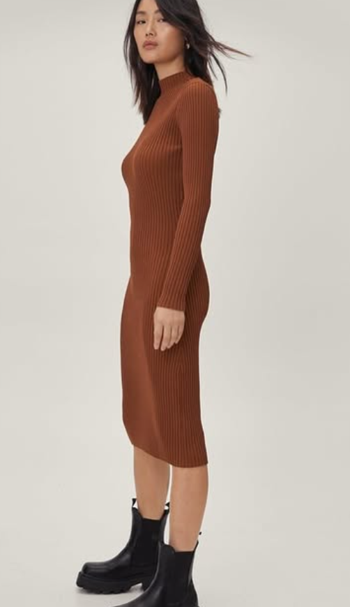 Nasty Gal Womens Knitted Ribbed High Neck Long Sleeve Midi Dress