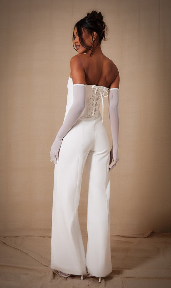 Premium White Woven Bandeau Wide Leg Jumpsuit