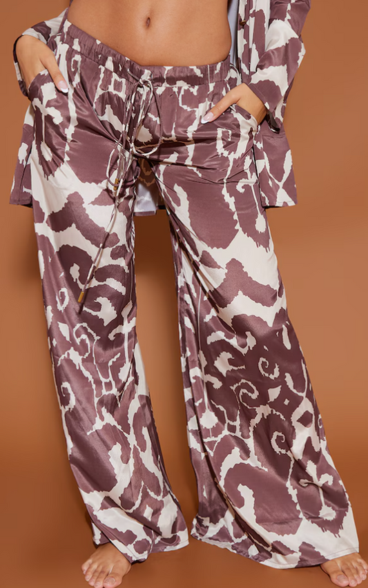 Brown Mosaic Print Satin Low Rise Wide Leg Trousers