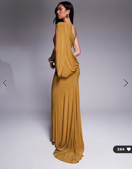 ASOS DESIGN Premium asymmetric one sleeve maxi dress with draped back in bronze