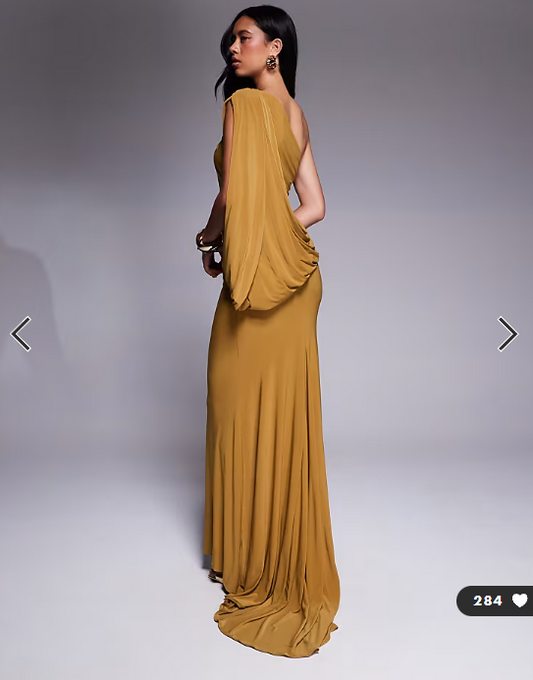 ASOS DESIGN Premium asymmetric one sleeve maxi dress with draped back in bronze
