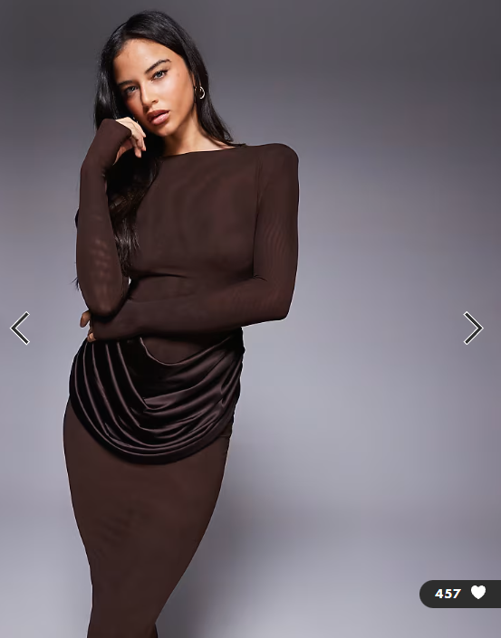 Wanderdoll Eman longsleeve slash neck satin drape waist detail bodycon maxi dress in chocolate