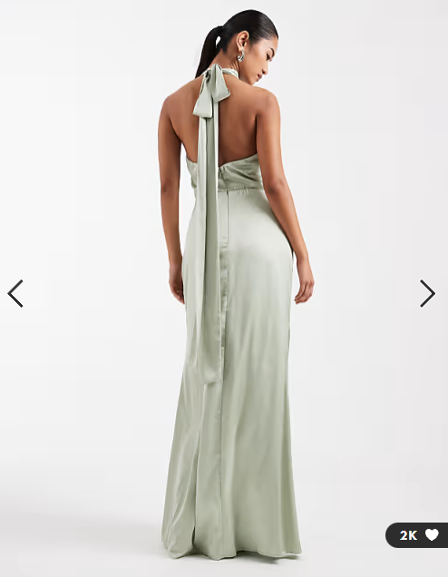 TFNC Bridesmaid satin halter neck pleat detail maxi dress in sage green