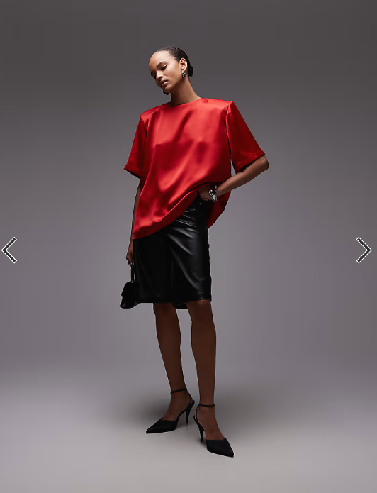 ASOS DESIGN oversized satin t-shirt with shoulder pads in red