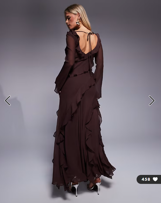 Forever New Petite chiffon ruffle bell sleeve maxi dress in chocolate