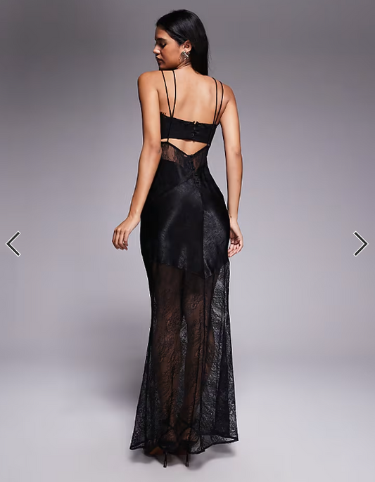 ASOS DESIGN satin and lace mix sheer bodice cami maxi dress in black