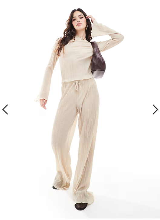 ASOS DESIGN plisse long sleeve top with fluted sleeves co ord in champagne