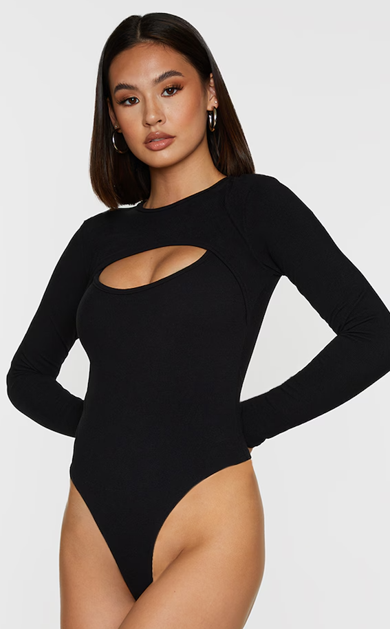 Black Rib Arm Warmer Cut Out Detail Bodysuit