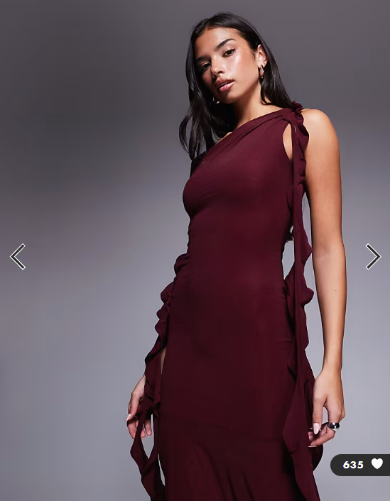 ASOS DESIGN stretch chiffon maxi dress with cut out and ruffle detail in mulberry