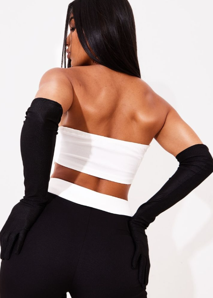 White Abstract Hem Plunge Bandeau Crop Top