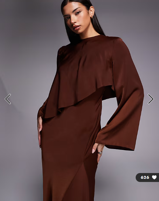 ASOS DESIGN satin long sleeve cape detail maxi dress in chocolate