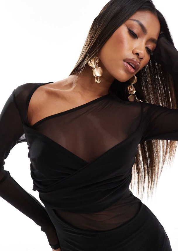 Asos - long sleebe mesh mix jumpsuit with twist bust in blaxk