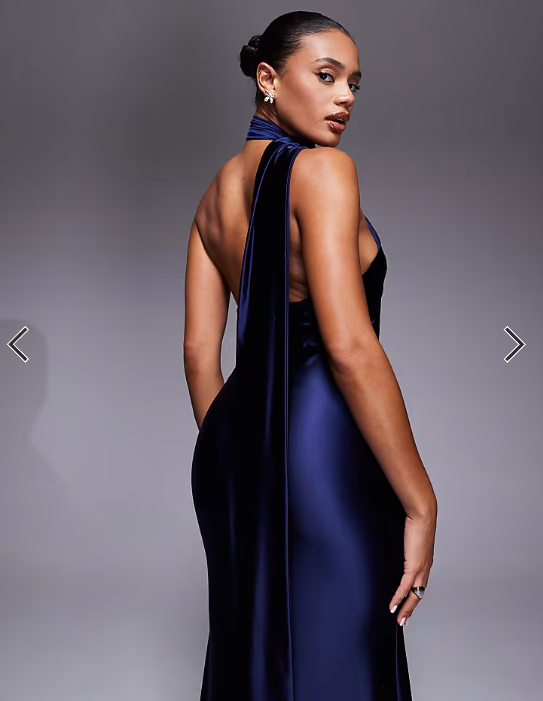 Rare London stretch satin asymmetric scarf detail maxi dress in navy