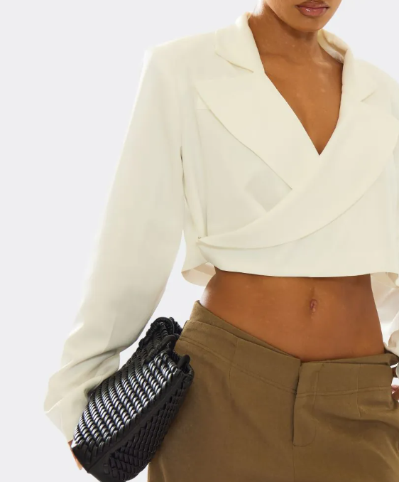 Long Sleeve Oversized Wrap Cropped Blazer In Cream