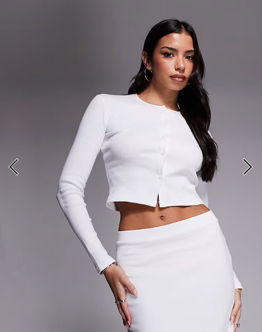 The Frolic exclusive ribbed button through long sleeve top co-ord in white