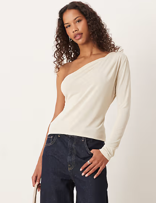 ASOS DESIGN modal twisted shoulder long sleeve top in cream