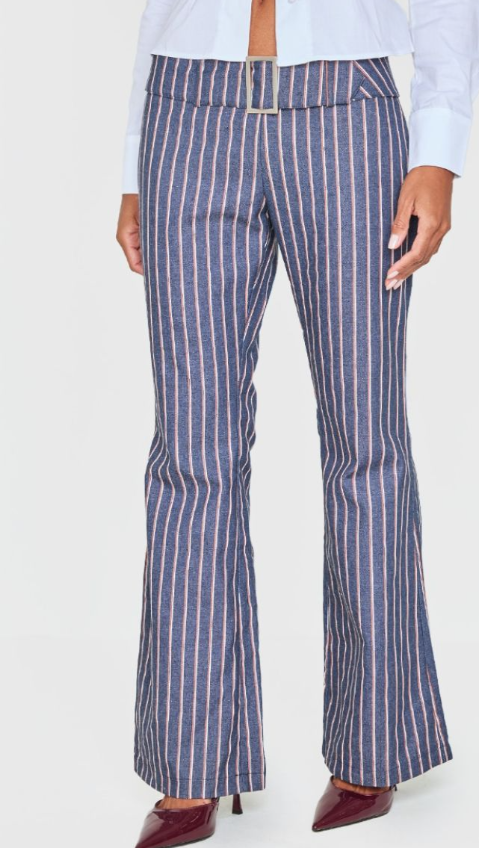 Plt - Navy Striped Low Rise Belted Flares