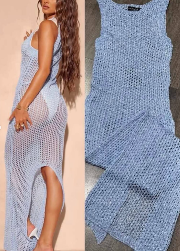 Plt - blue sequin knit racer neck maxi dress