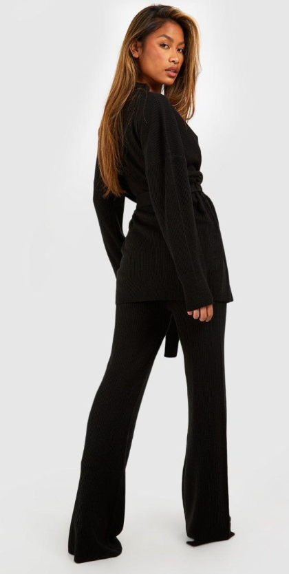 Boohoo - Knitted Cardigan & Wide Leg Trouser Co-ord - black SET