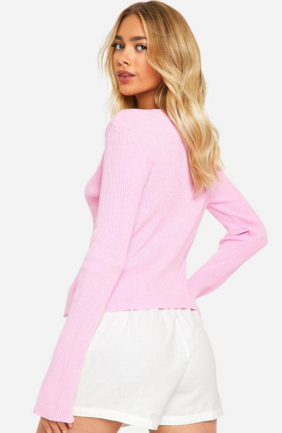 Boohoo Lightweight Rib Knit Tie Front Cardigan - baby pink