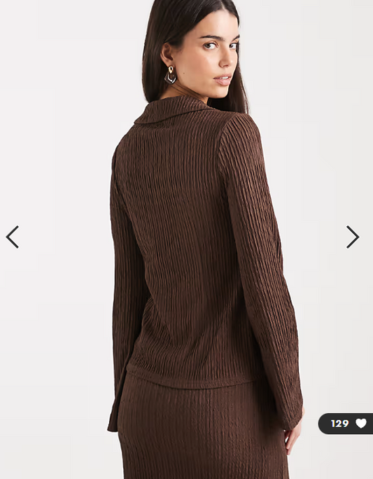4th & Reckless textured rib collared long sleeve gold button through top co-ord in chocolate