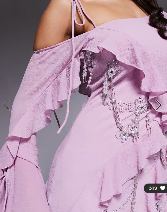 ASOS DESIGN raw edge ruffle embellished maxi dress with asymmetric sleeves in pink