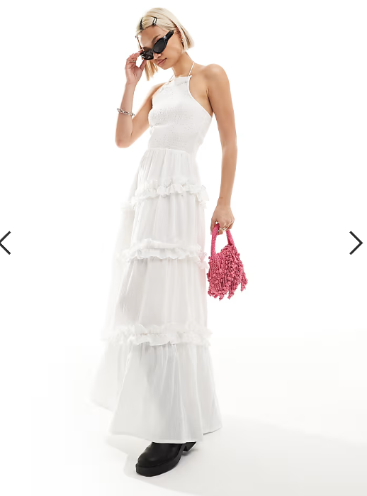 COLLUSION cotton crinkle shirred halter maxi sun dress in white