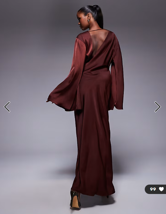 ASOS DESIGN satin asymmetric neckline long sleeve maxi dress with channel detail in chocolate