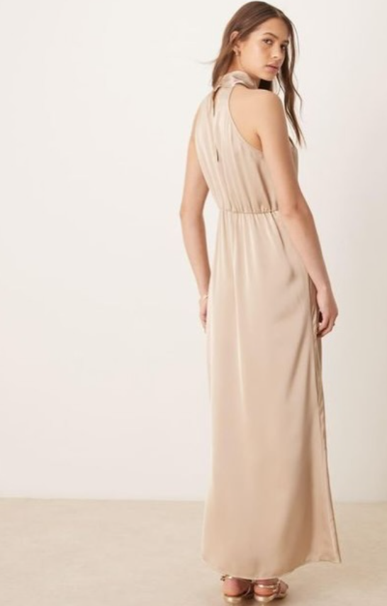 Vila satin twist halterneck midi dress in beige