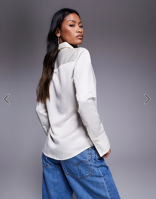 ASOS DESIGN slim fitted satin shirt in off white