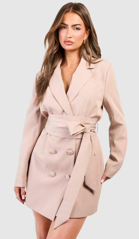 Boohoo Obi Tie Waist Tailored Blazer Dress - camel