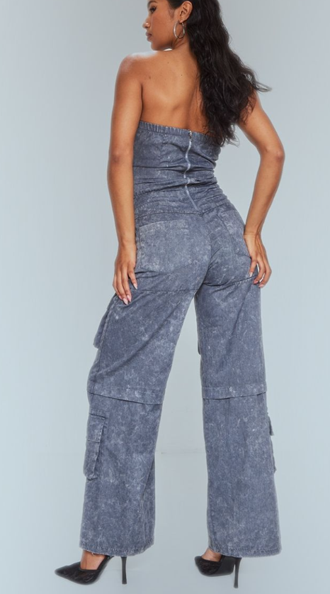 Grey Acid Wash Bandeau Lace Up Utility Jumpsuit
