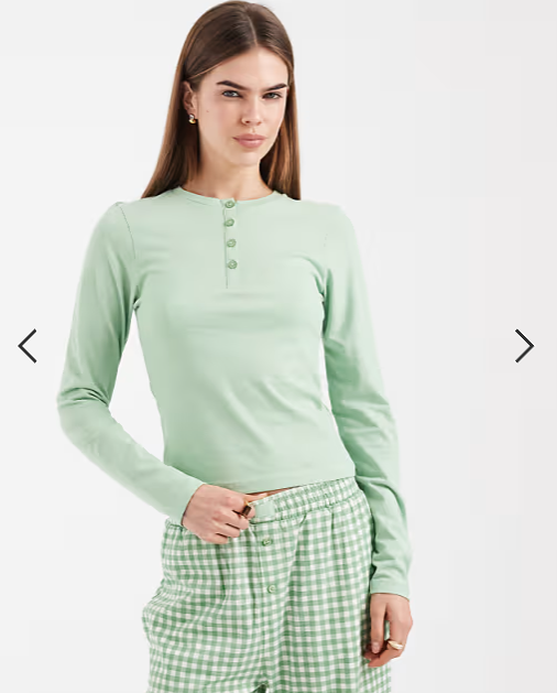 Brave Soul cotton long sleeve henley t-shirt and gingham trouser pyjama set in sage green