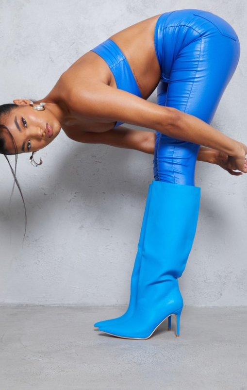 Blue PU Detail Point Toe Stiletto Heeled Knee Boots