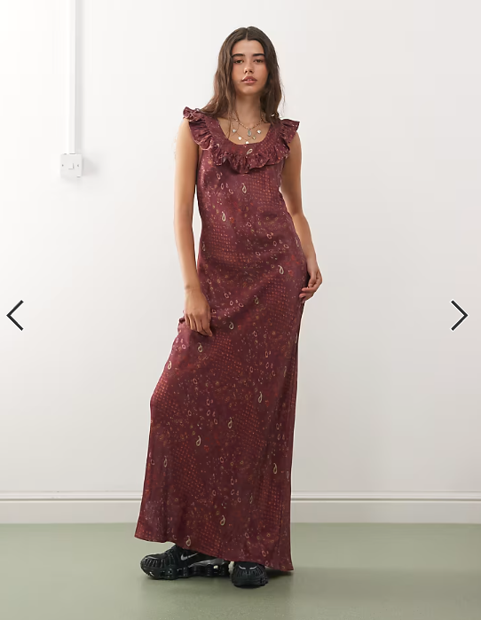Reclaimed Vintage maxi tea dress with frill neck in burgundy floral print