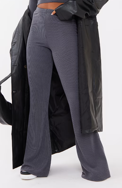 Charcoal Two Tone Crinkle Rib Skinny Flared Trousers