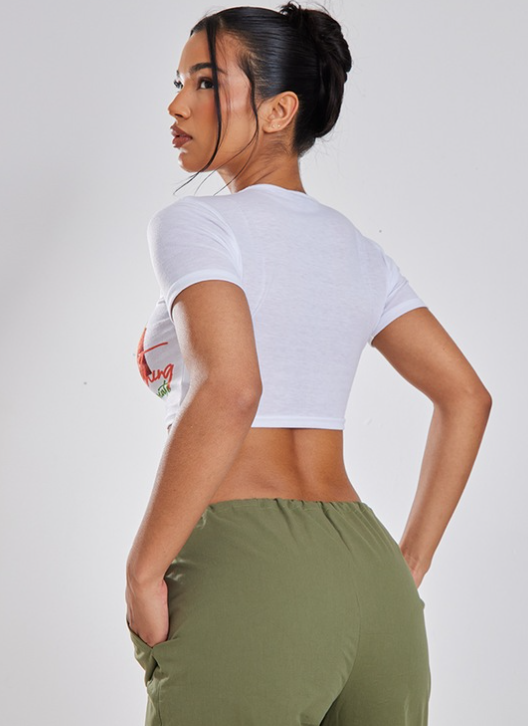 White Devils Advocate Print Fitted Crop T Shirt