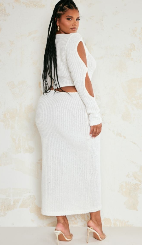 Plus Cream Textured Laddered Cut Out Sleeve Midaxi Dress