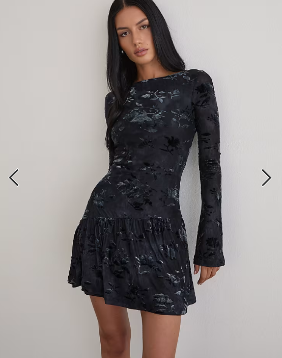 Motel Anyeli velvet leaf mini dress in dark blue