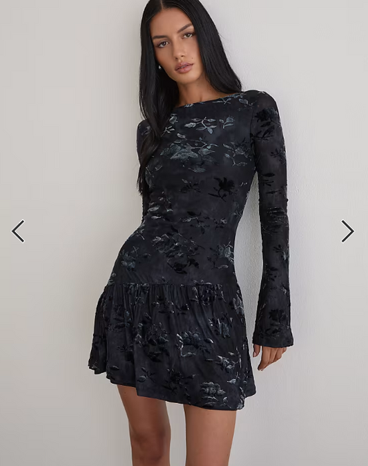 Motel Anyeli velvet leaf mini dress in dark blue