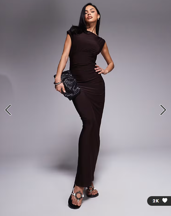 Fashionkilla exclusive double sculpted slinky sleeveless asymmetric neck ruched bodycon maxi dress in chocolate