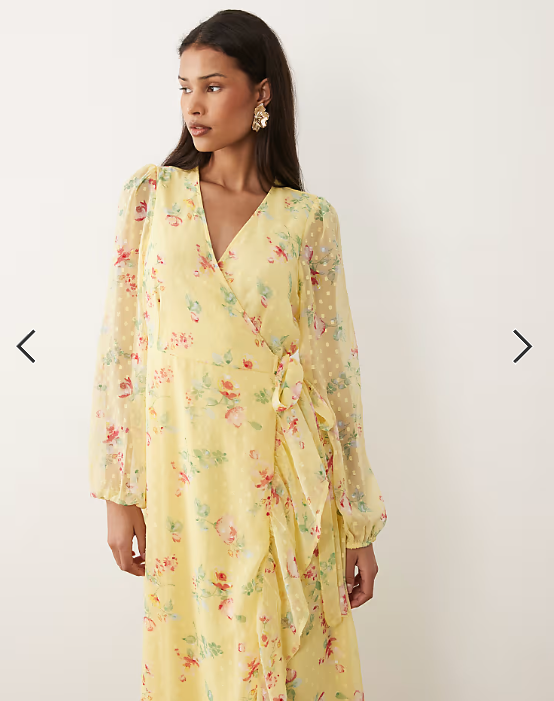 Vila dobby wrap maxi dress with frill detail in pastel yellow floral print