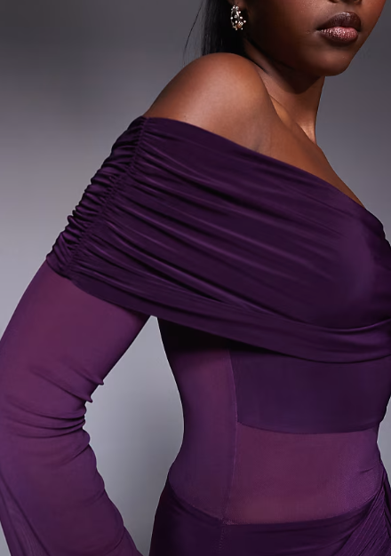 Asos - Kaiia exclusive double layered slinky foldover bardot sheer panel ruched skirt maxi dress in plum